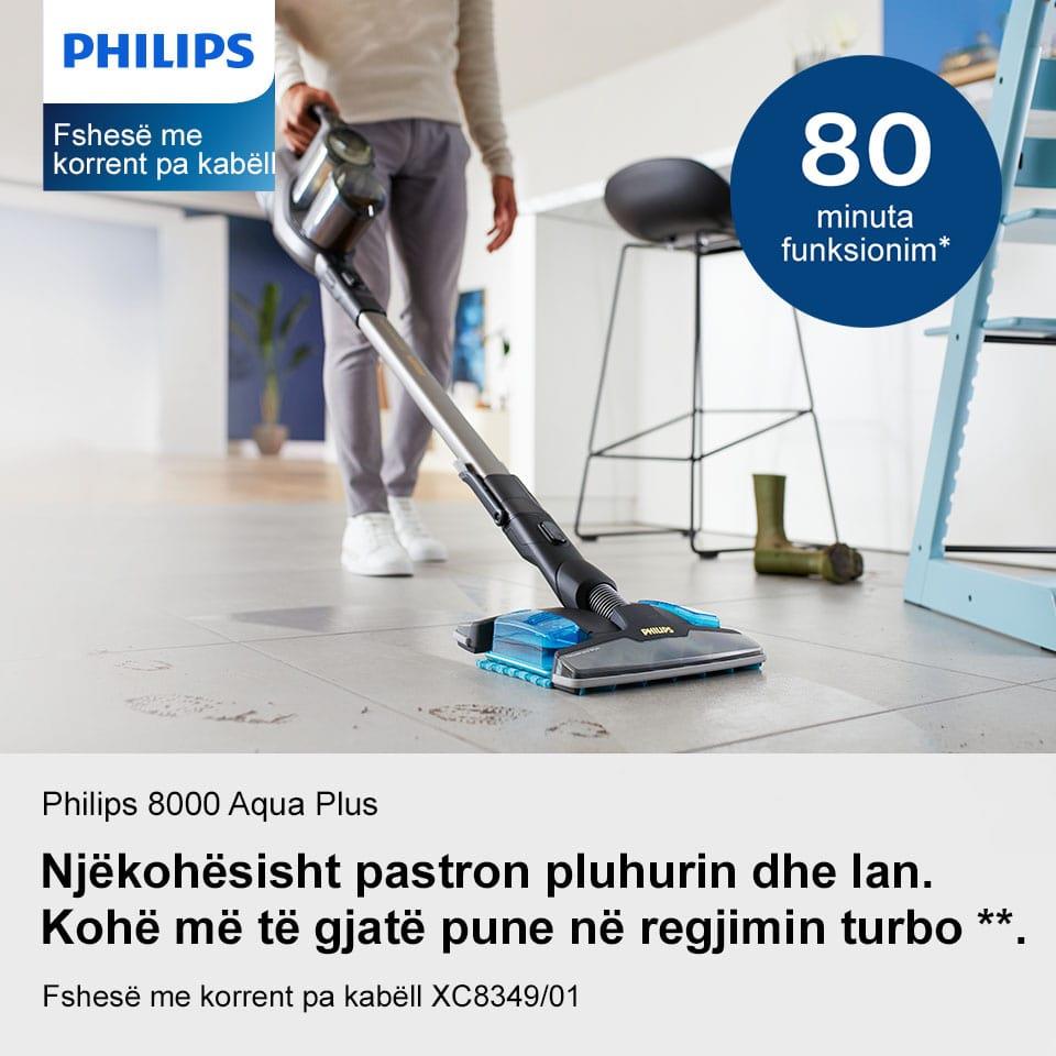 Philips 3 n&euml; 1: gryk&euml; thith&euml;se 360&deg;, sistem p&euml;r grumbullimin e pluhurit dhe p&euml;r larje, fshes&euml; dore me korrent