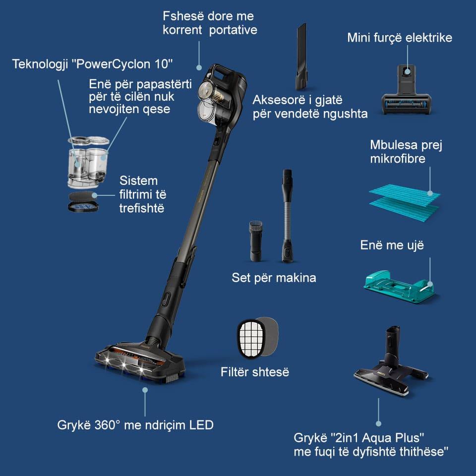 Philips 3 n&euml; 1: gryk&euml; thith&euml;se 360&deg;, sistem p&euml;r grumbullimin e pluhurit dhe p&euml;r larje, fshes&euml; dore me korrent