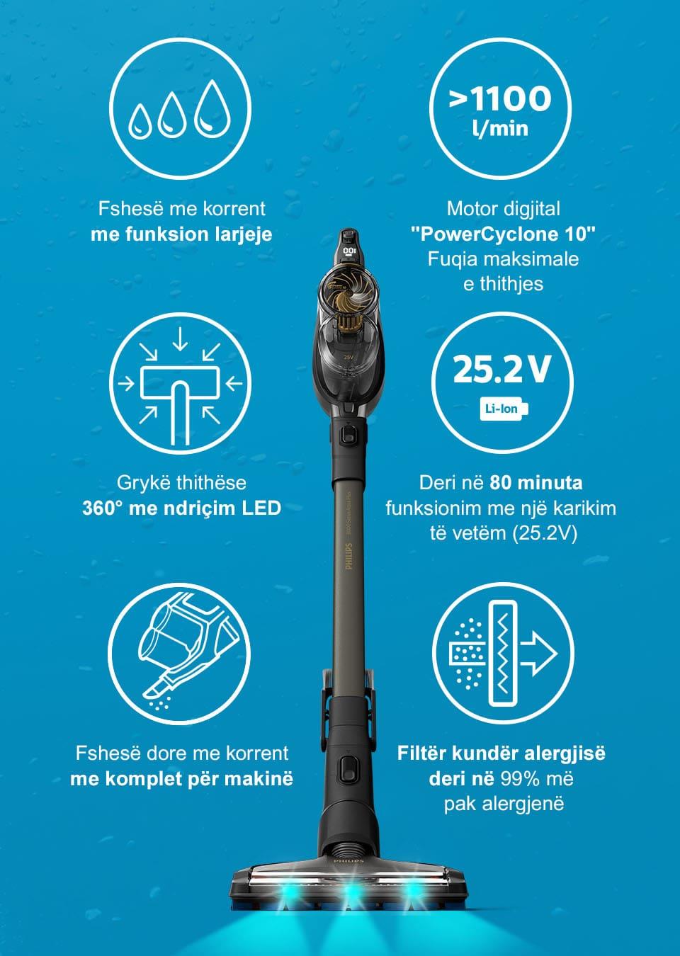 Philips 3 n&euml; 1: gryk&euml; thith&euml;se 360&deg;, sistem p&euml;r grumbullimin e pluhurit dhe p&euml;r larje, fshes&euml; dore me korrent